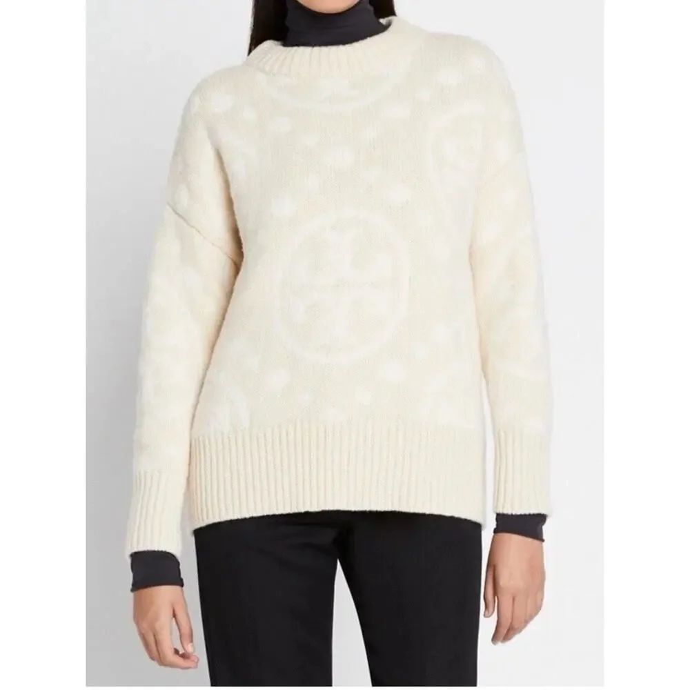 $498 Tory Burch Merino T Monogram Sweater XS Cream Wool Logo Pullover Knit